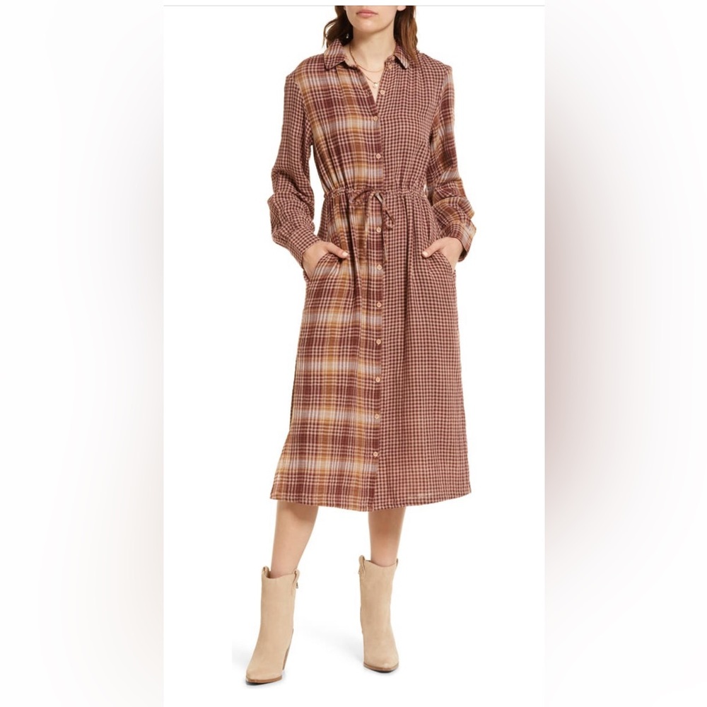 Treasure & Bond | Mixed Pattern Plaid Long sleeve Boyfriend Shirtdress.